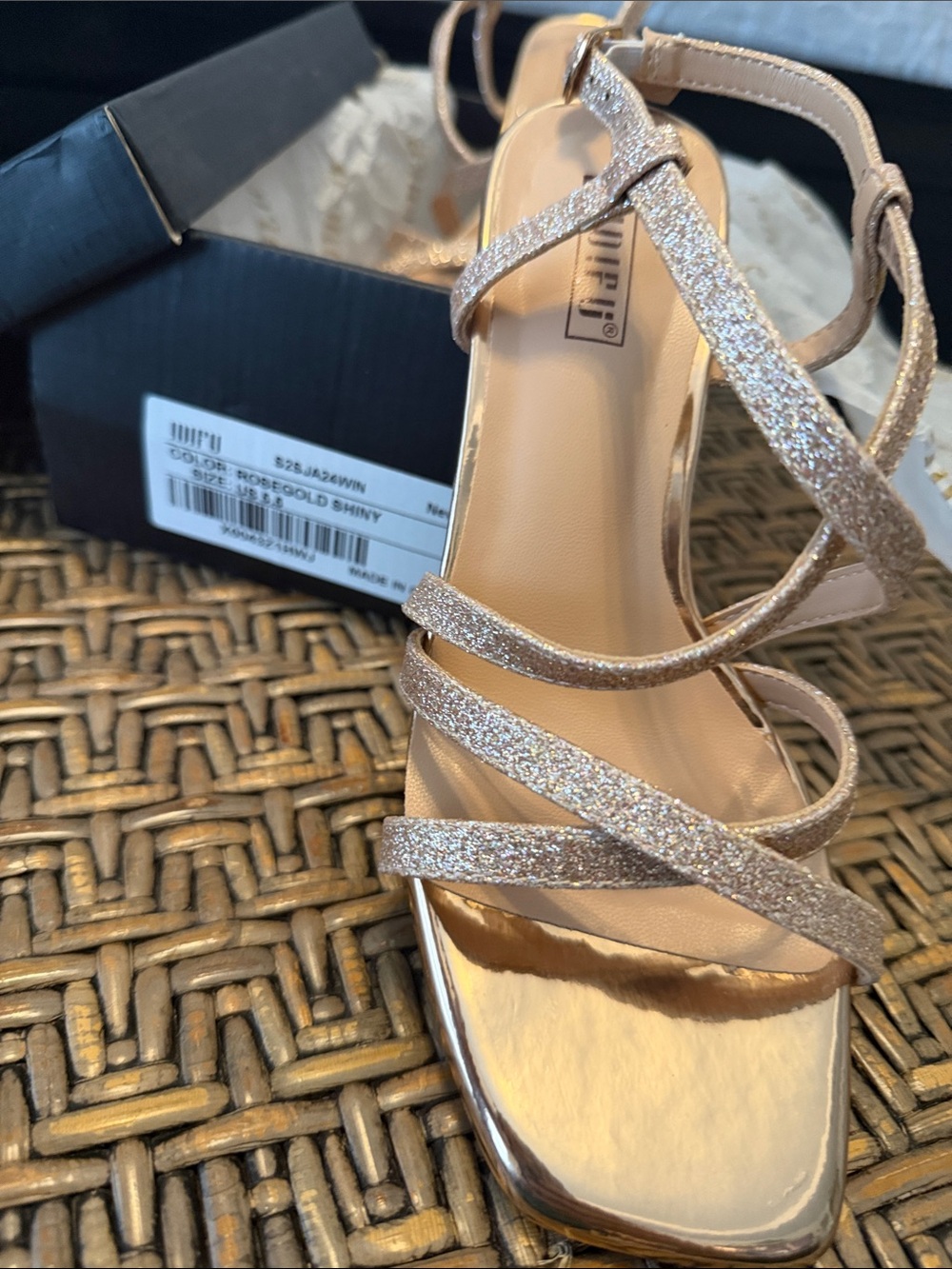 IDIFU Rose Gold Glitter Strappy Heels